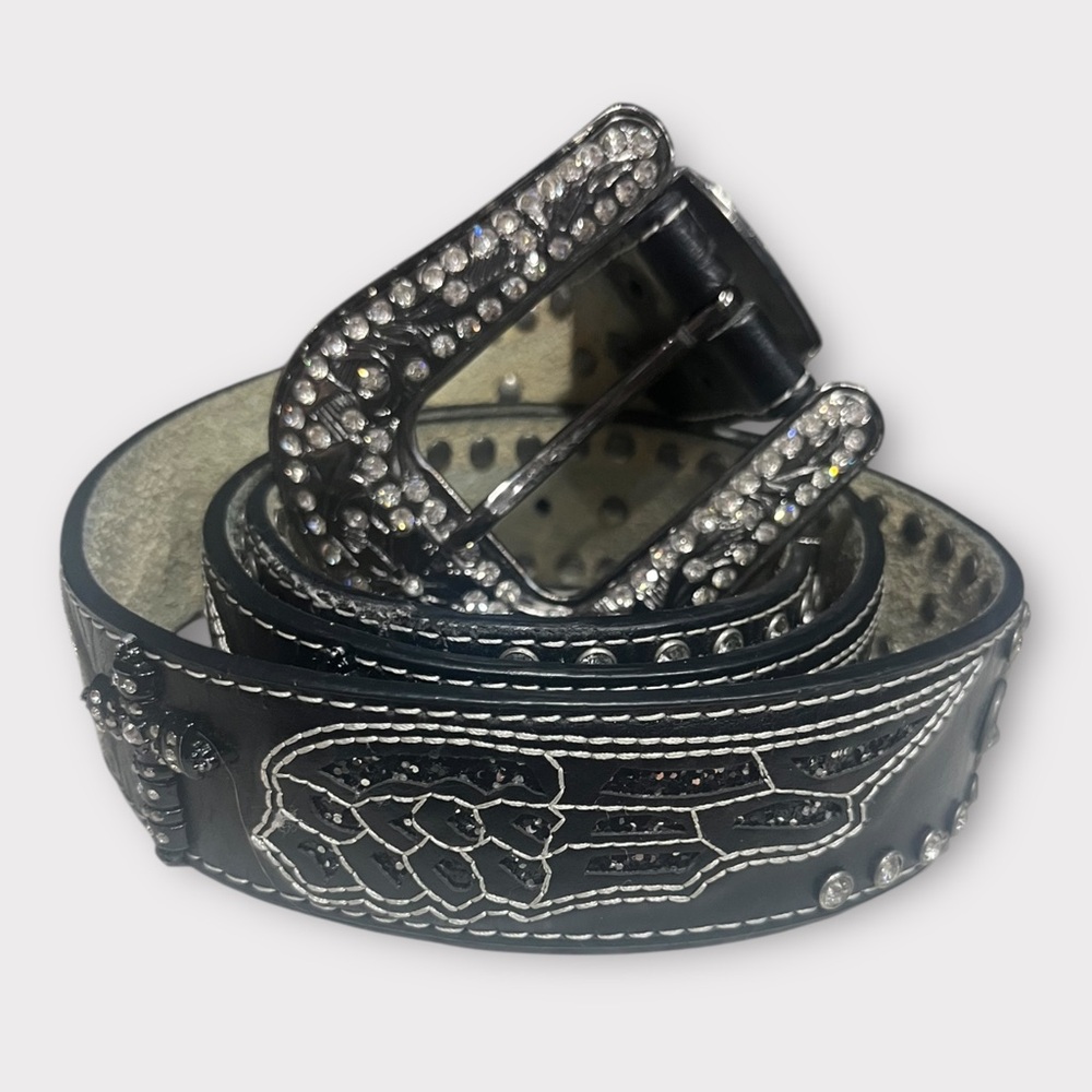 Black Rhinestone Embellished Leather Belt with Angel Wings and Crosses
